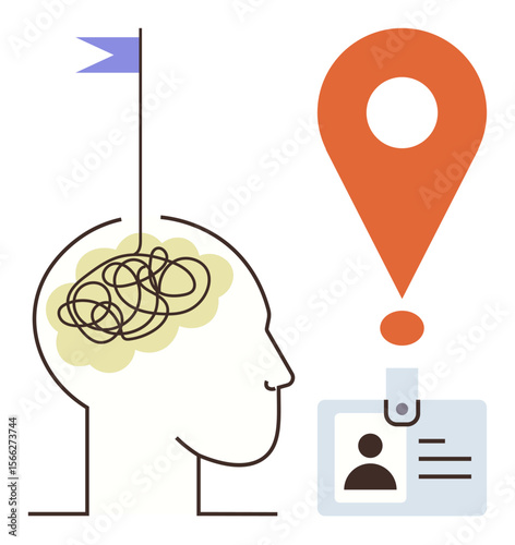 Simplified human profile with tangled brain illustration, flag, and location marker tied to ID card. Ideal for innovation, identity, mental clarity, guidance, problem-solving, psychology direction