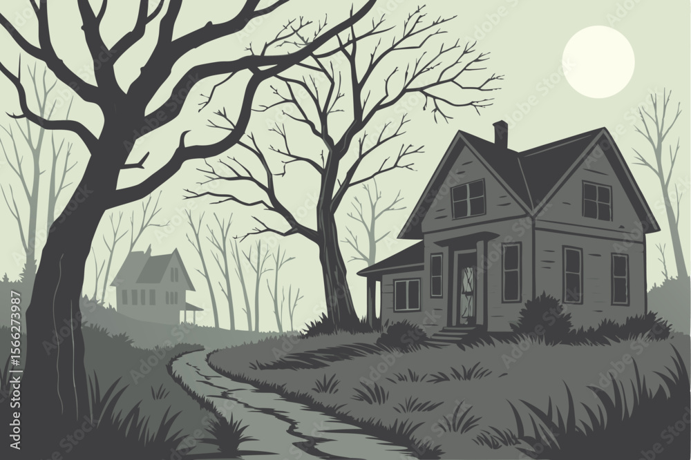 Spooky house on a path with bare trees and full moon