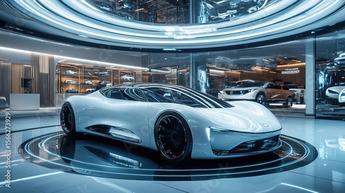 Futuristic Automotive Showroom Featuring Sleek Electric Car Display and Modern Design