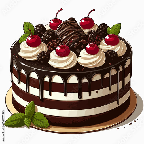 Scrumptious, multi-layered chocolate cake with rich frosting and fresh berries, beautifully illustrated.