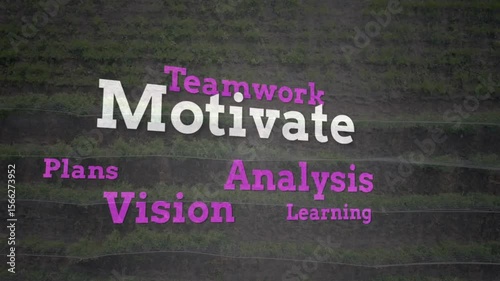 Animated text fading in lime, magenta and orange across farmland illustrating strategy