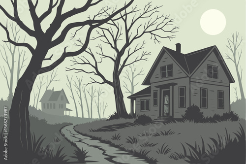 Spooky house on a path with bare trees and full moon