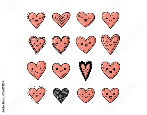 Hearts in a Hand-Drawn Style. Doodle Heart Set. A variety of heart shapes and styles. Isolated on a white backdrop. Individual heart illustrations. Graphic design vector elements.