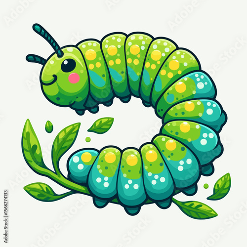 Cheerful, cartoonish illustration of a caterpillar with vibrant green and teal colors, surrounded by leafy branches.