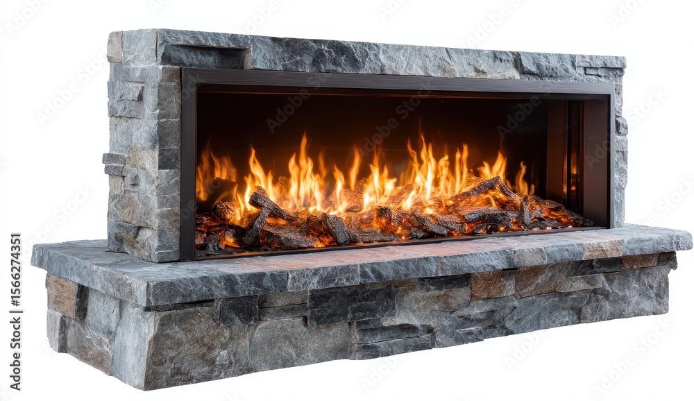 Stone-Clad Fireplace with Burning Flames, Modern Design Element, Isolated Background Stone-Clad Fireplace with Burning Flames, Modern Design Element, Isolated Background