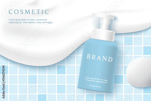 Cosmetic product ads template on blue tile  background with foam.