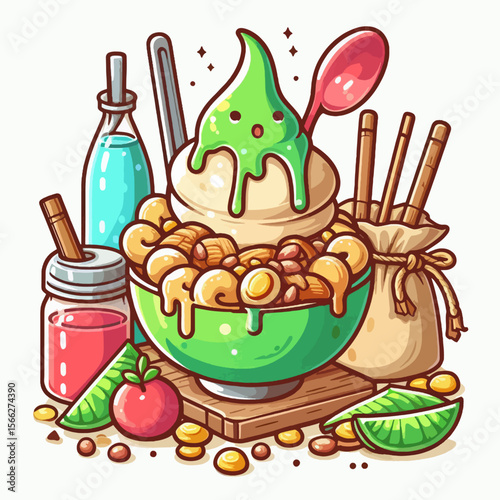 Vibrant illustration of a dessert bowl filled with colorful toppings and garnishes, displayed on a wooden surface with complementary elements.