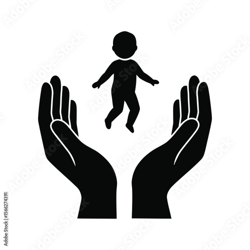 Protective hands holding a baby icon child safety care security adoption parenthood symbol vector illustration