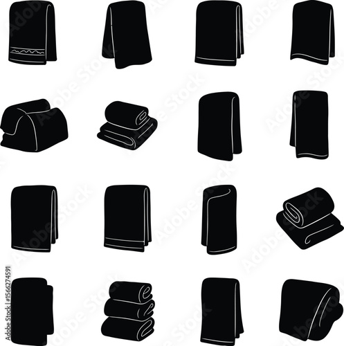 Facial and Bath Towel Silhouettes Set: A collection of various towel silhouettes, including folded, rolled, hanging, and draped over figures, suitable for bathroom and personal care concepts