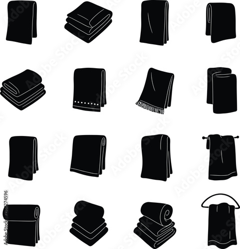 Facial and Bath Towel Silhouettes Set: A collection of various towel silhouettes, including folded, rolled, hanging, and draped over figures, suitable for bathroom and personal care concepts