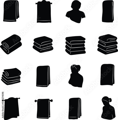 Facial and Bath Towel Silhouettes Set: A collection of various towel silhouettes, including folded, rolled, hanging, and draped over figures, suitable for bathroom and personal care concepts