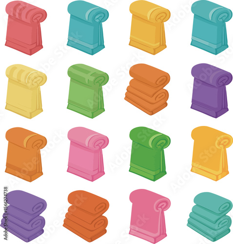 Colorful Rolled and Stacked Towel Set with Various Shapes and Shades, Ideal for Bathroom, Spa, and Household Product Designs.