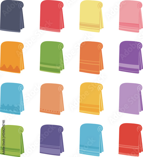 Colorful Rolled and Stacked Towel Set with Various Shapes and Shades, Ideal for Bathroom, Spa, and Household Product Designs.