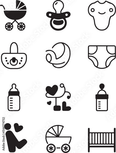Baby Icons Set | Pacifier, Bottle, Crib Vector

