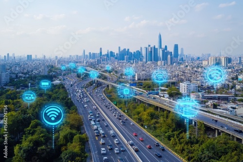 Modern smart city with HUD element overlay showcasing urban connectivity and advanced technology features, 4K Modern Smart City with HUD element overlay (All logos blurred or removed in post)