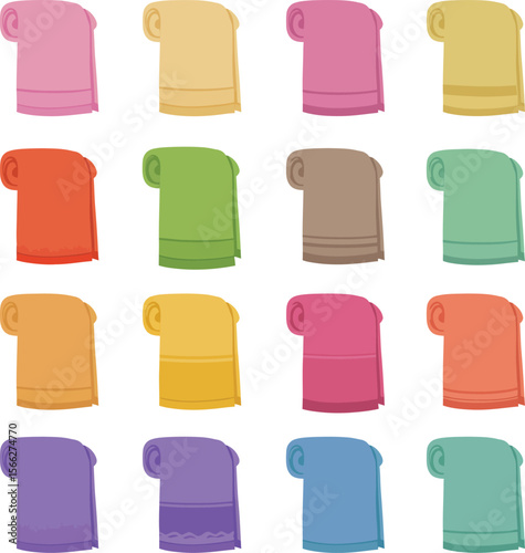 Colorful Rolled and Stacked Towel Set with Various Shapes and Shades, Ideal for Bathroom, Spa, and Household Product Designs.