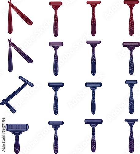 Facial Razors and Shaving Accessories Set: A collection of various facial razors in different colors and silhouettes, including a shaving brush, ideal for grooming and personal care designs.