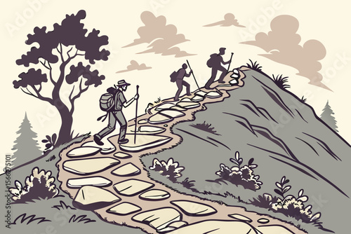 Three hikers ascend a stone path up a mountain hiking