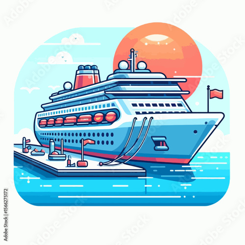 Colorful graphic illustration of a cruise ship at a dock, with a warm, sunny backdrop.  The design style is simple and modern.