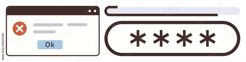 Obraz premium Error message box with failed password login notification and hidden password field. Ideal for security, login error, cybersafety, data protection, tech issues, user interface, simple flat metaphor