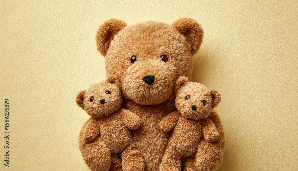 Obraz premium Large plush bear holding two small plush bears, soft brown fur, cute and comforting, family concept, flat lay on pastel yellow background, cozy and heartwarming scene
