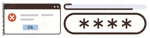 Error message box with failed password login notification and hidden password field. Ideal for security, login error, cybersafety, data protection, tech issues, user interface, simple flat metaphor