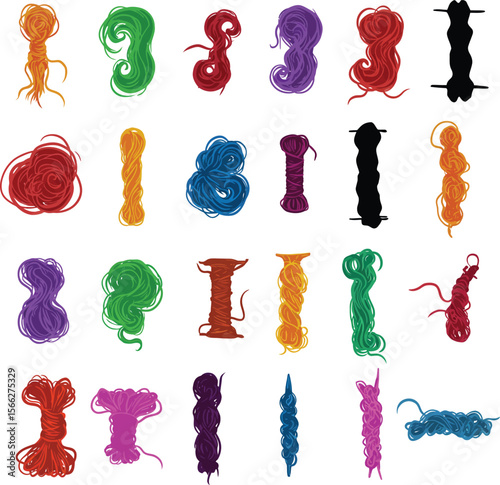 Colorful Thread Spools and Bows Vector Illustration Set, Diverse Sewing and Craft Supplies, Essential Notions for Textile and DIY Concepts.
