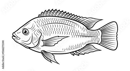Tilapia fish illustration with detailed lines and textured scales in black and white