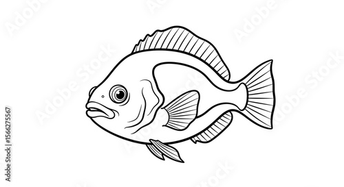 Flounder fish illustration with detailed lines and flat body in black and white