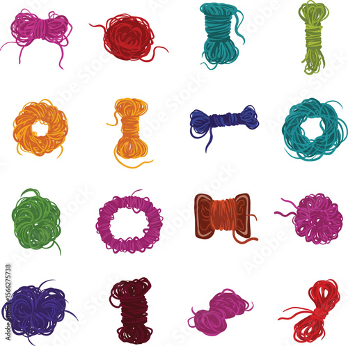 Colorful Thread Spools and Bows Vector Illustration Set, Diverse Sewing and Craft Supplies, Essential Notions for Textile and DIY Concepts.