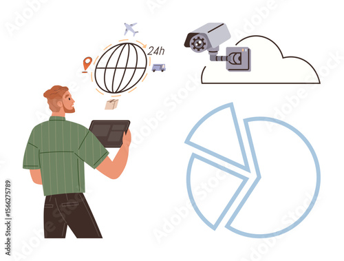 Man using tablet to oversee logistics and data visualizations. Features pie chart, cloud icon, security camera, globe. Ideal for technology, surveillance, global business, data analysis