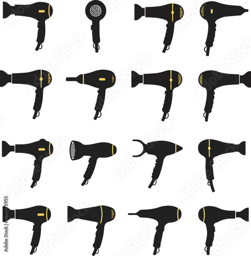 Hair Dryer Silhouettes Vector Set, Diverse Professional and Home Use Appliances, Essential Styling Tools for Hair Care and Beauty Concepts.