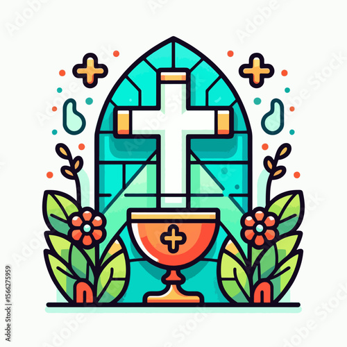 Stylized, decorative image of a cross and chalice, set against a stylized church window design with floral elements, perfect for religious or faith-themed concepts.