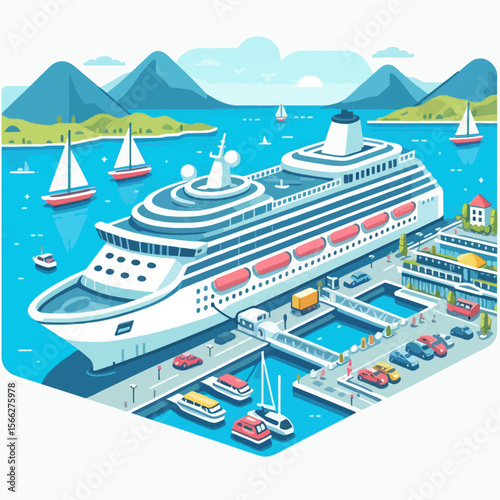 Vibrant, isometric illustration depicts a cruise ship docked in a picturesque harbor, showcasing various activities and surrounding structures.