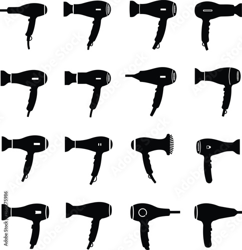 Hair Dryer Silhouettes Vector Set, Diverse Professional and Home Use Appliances, Essential Styling Tools for Hair Care and Beauty Concepts.