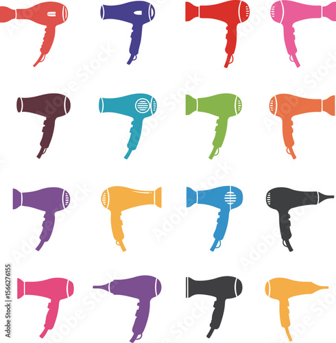 Colorful Hair Dryers Vector Illustration Set, Diverse Professional and Home Use Appliances, Essential Styling Tools for Hair Care and Beauty Concepts.
