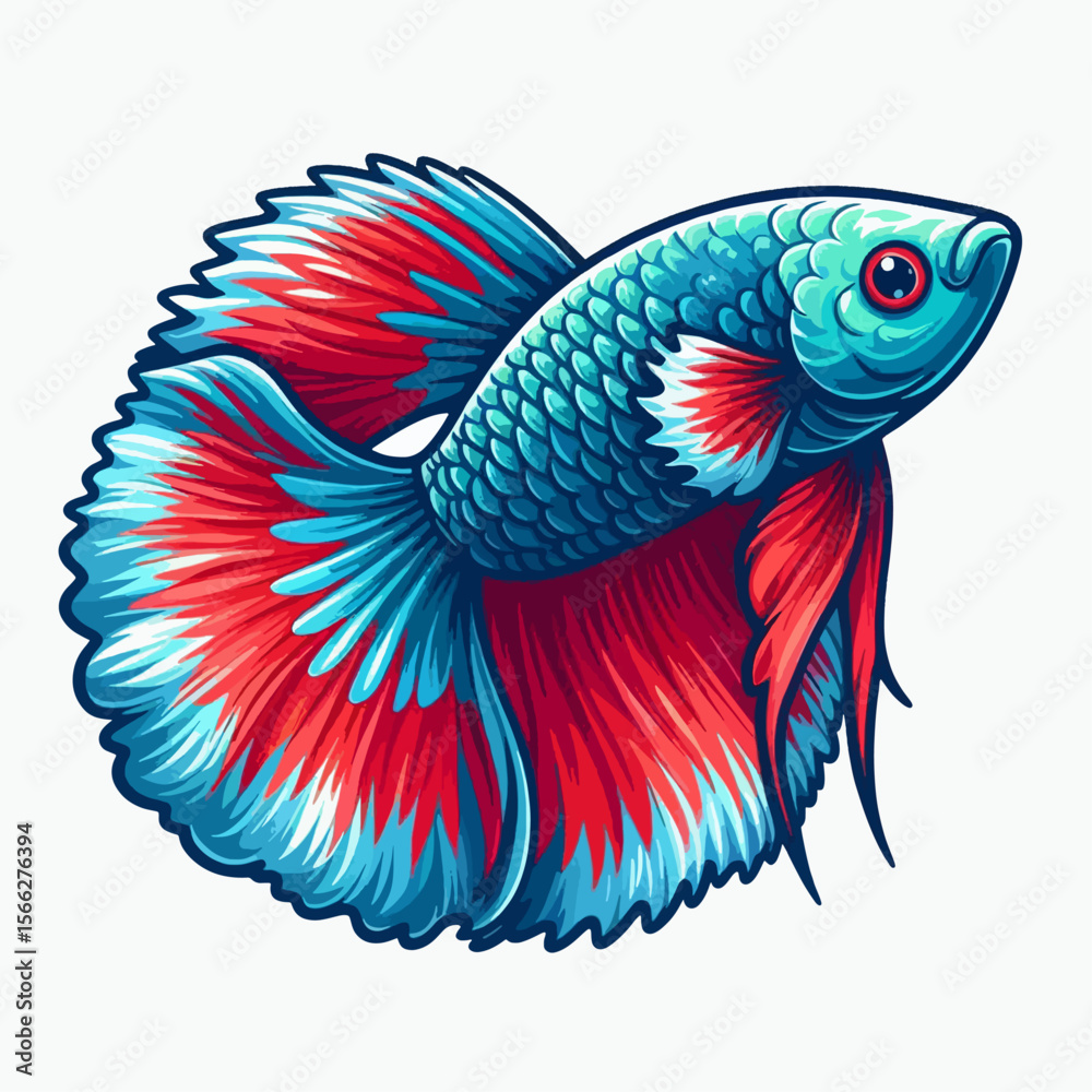 Obraz premium Digitally rendered betta fish, showcasing vibrant red and blue colors, and detailed scales and fins. The fish is presented in a profile view against a plain white background.