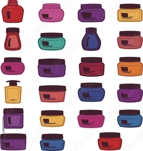 Colorful Hair Gel Jars and Cosmetic Containers Vector Set, Diverse Personal Care Product Packaging, Various Bottles for Styling and Beauty Concepts.