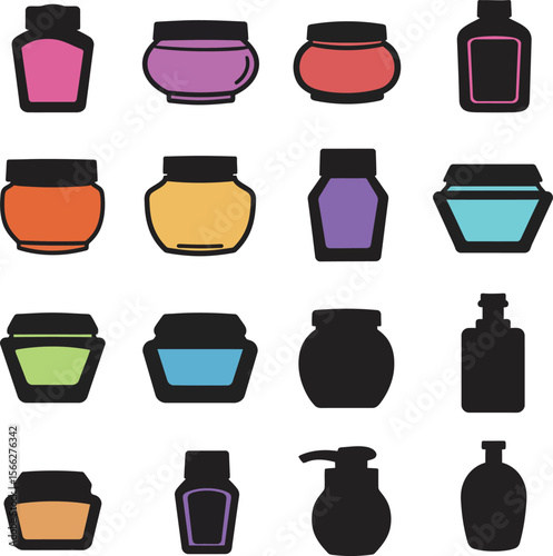 Colorful Hair Gel Jars and Cosmetic Containers Vector Set, Diverse Personal Care Product Packaging, Various Bottles for Styling and Beauty Concepts.