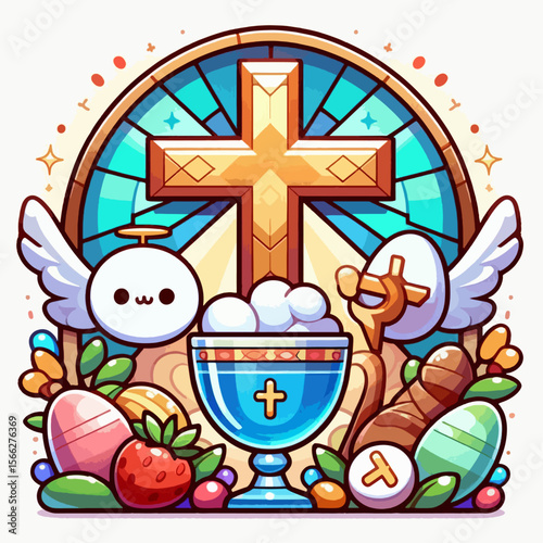 Vibrant illustration showcasing Easter and religious imagery, with a stylized design and cute cartoon figures.
