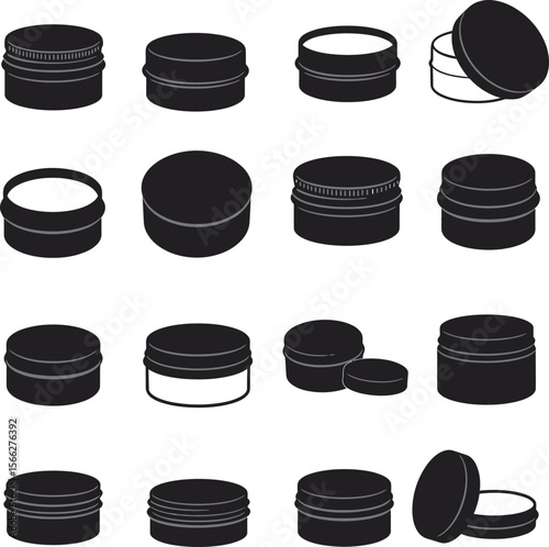 Hair Wax Tin Silhouettes Vector Set, Diverse Cosmetic Jars and Containers, Personal Care Product Packaging for Styling and Beauty Concepts.
