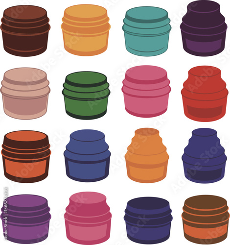 Colorful Hair Wax Tin Vector Illustration Set, Diverse Cosmetic Jars and Containers, Personal Care Product Packaging for Styling and Beauty Concepts.