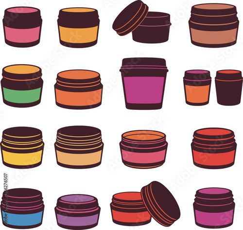 Colorful Hair Wax Tin Vector Illustration Set, Diverse Cosmetic Jars and Containers, Personal Care Product Packaging for Styling and Beauty Concepts.