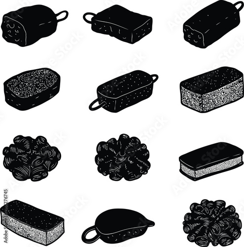 Loofah and Bath Sponge Silhouettes Vector Set, Diverse Personal Care and Shower Accessories, Essential Hygiene Products for Spa and Bathroom Concepts.