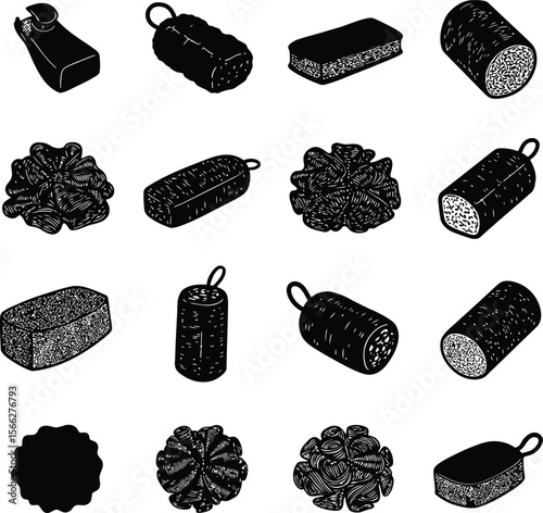 Loofah and Bath Sponge Silhouettes Vector Set, Diverse Personal Care and Shower Accessories, Essential Hygiene Products for Spa and Bathroom Concepts.
