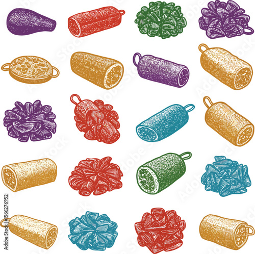Colorful Loofah and Bath Sponge Vector Illustration Set, Textured Personal Care and Shower Accessories for Spa and Hygiene Concepts.