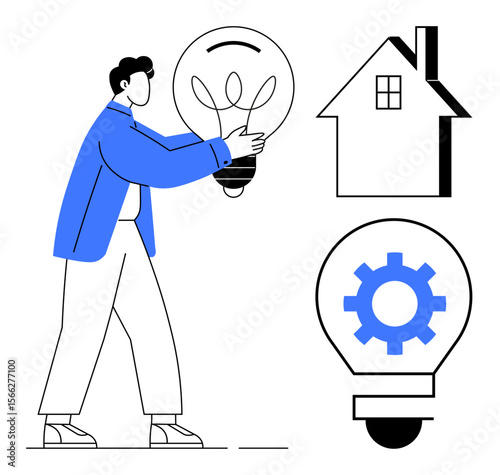 Man holding a lightbulb, a house outline, and a gear in a separate bulb. Ideal for creativity, innovation, energy efficiency, home solutions, problem-solving sustainable design technology. Simple