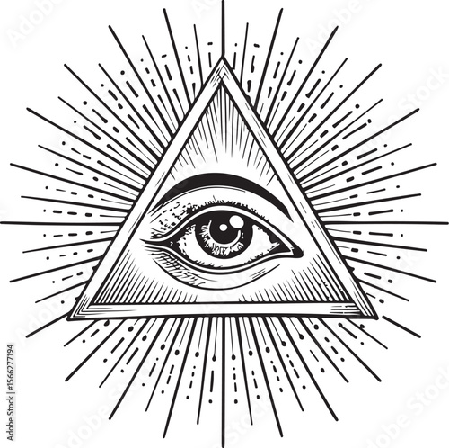 Rays of the sun, Eye of Providence, Masonic Vector Illustration, Sketch Drawing Line Linear Symbol Icon Engraving Coloring Book, Hand-drawn Black and White Isolated