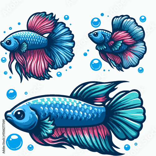 Three different views of a betta fish with vibrant color combinations. The design style is cartoonish and features large fins and round shapes.  Bubbles are added to the background.