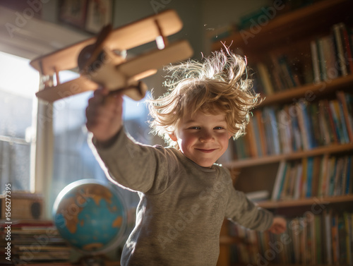 Joyful Boy Plays with Wooden Airplane in Sunny Room